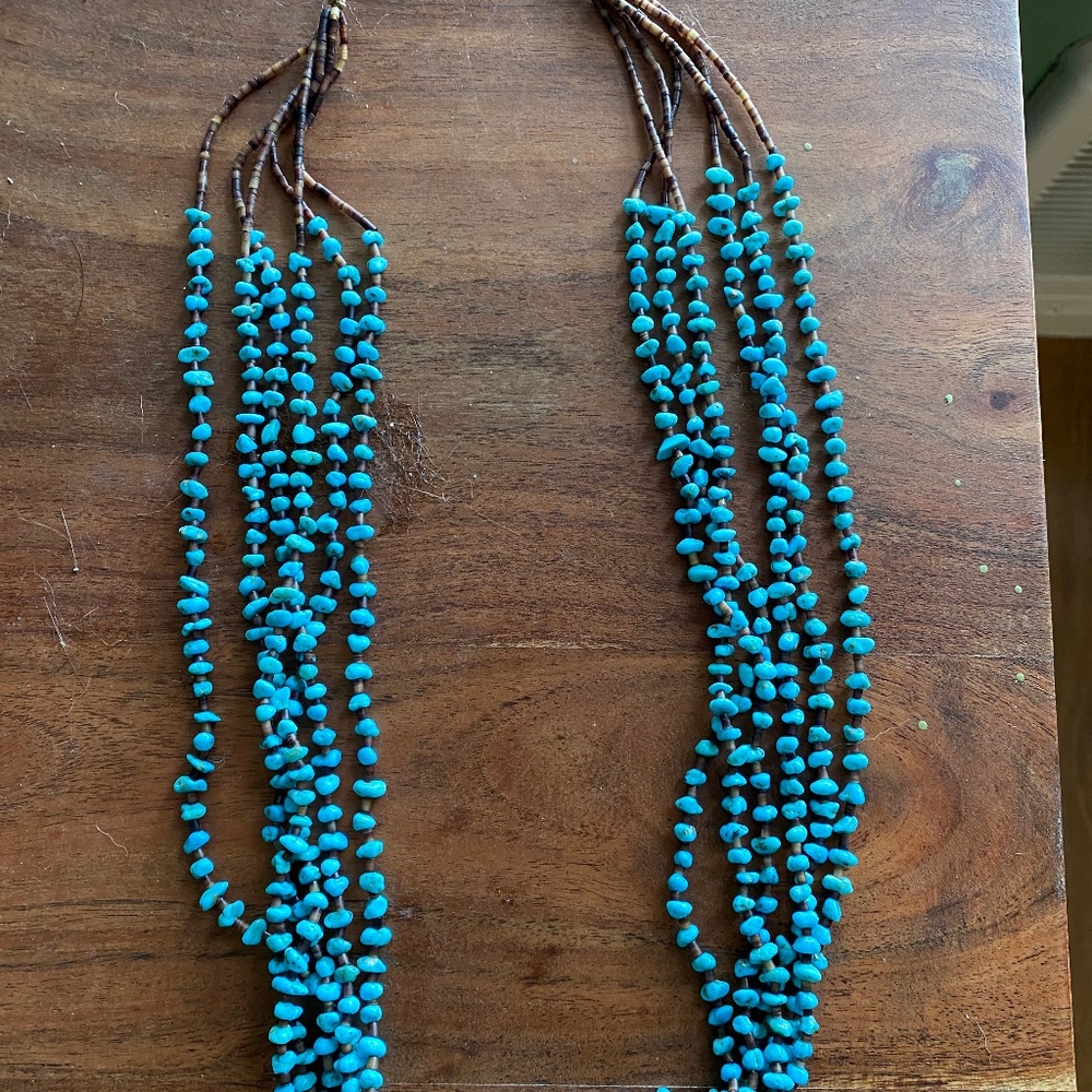 Six strand genuine Kingman turquoise and baby olive heishi necklace